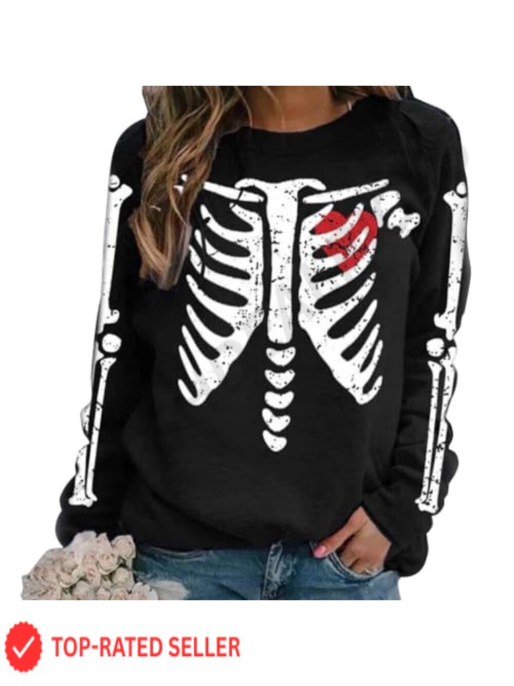 Women Skeleton Graphic Print Long Sleeve Crew Neck Sweatshirt Pullover